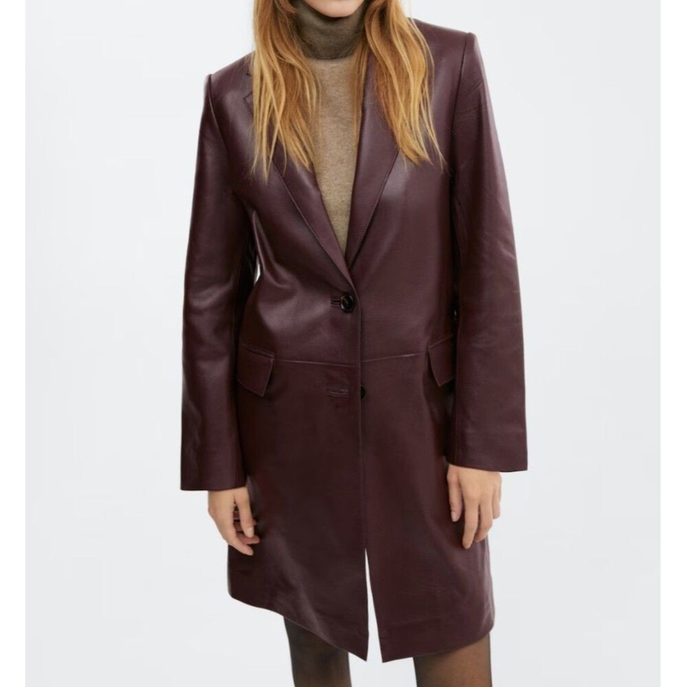 NWT Mango Selection Leather Coat with Lapels Brown Women’s Medium 100% Leather